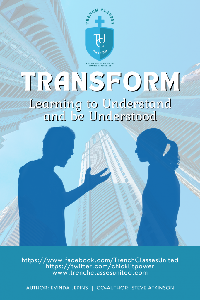 Transform the Series Learning to Understand and Be Understood cover artwork shows a dark blue silhouette of two people in what appears to be a tense situation as one person has their hand raised in what looks like frustration. There is a background of skyscrapers towering overhead.